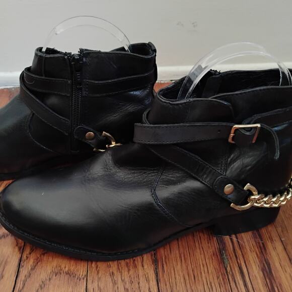 Steve Madden Black Ringo Leather Ankle Boots Size 8M Gold Braid 1in Biker Combat - Picture 15 of 17